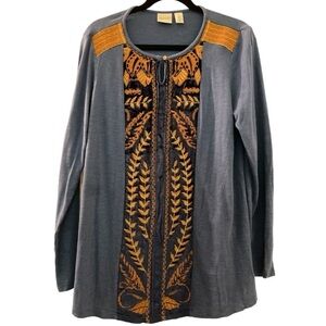 CHICO’S tunic top, size 2, US L, blue with velvet and embroidery. Long sleeves